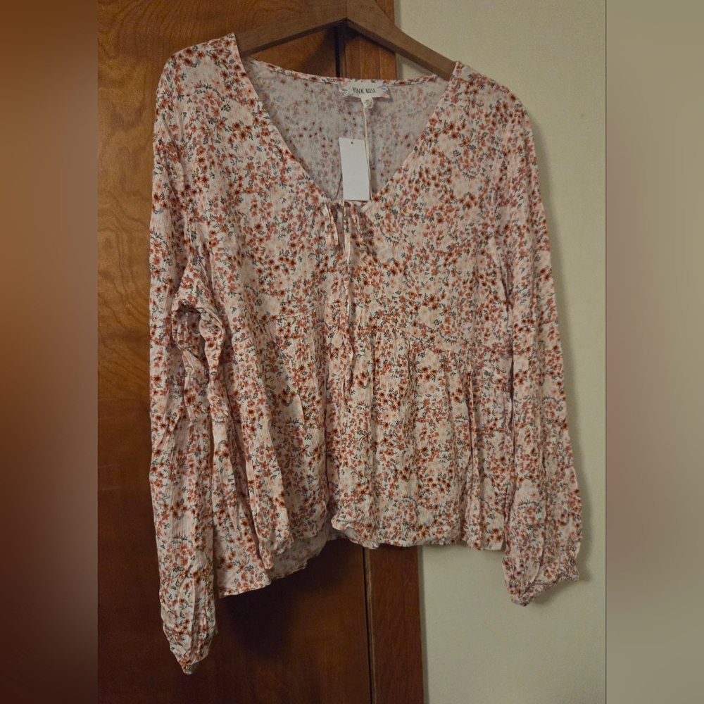 Pink Rose Floral V-Neck Blouse XL